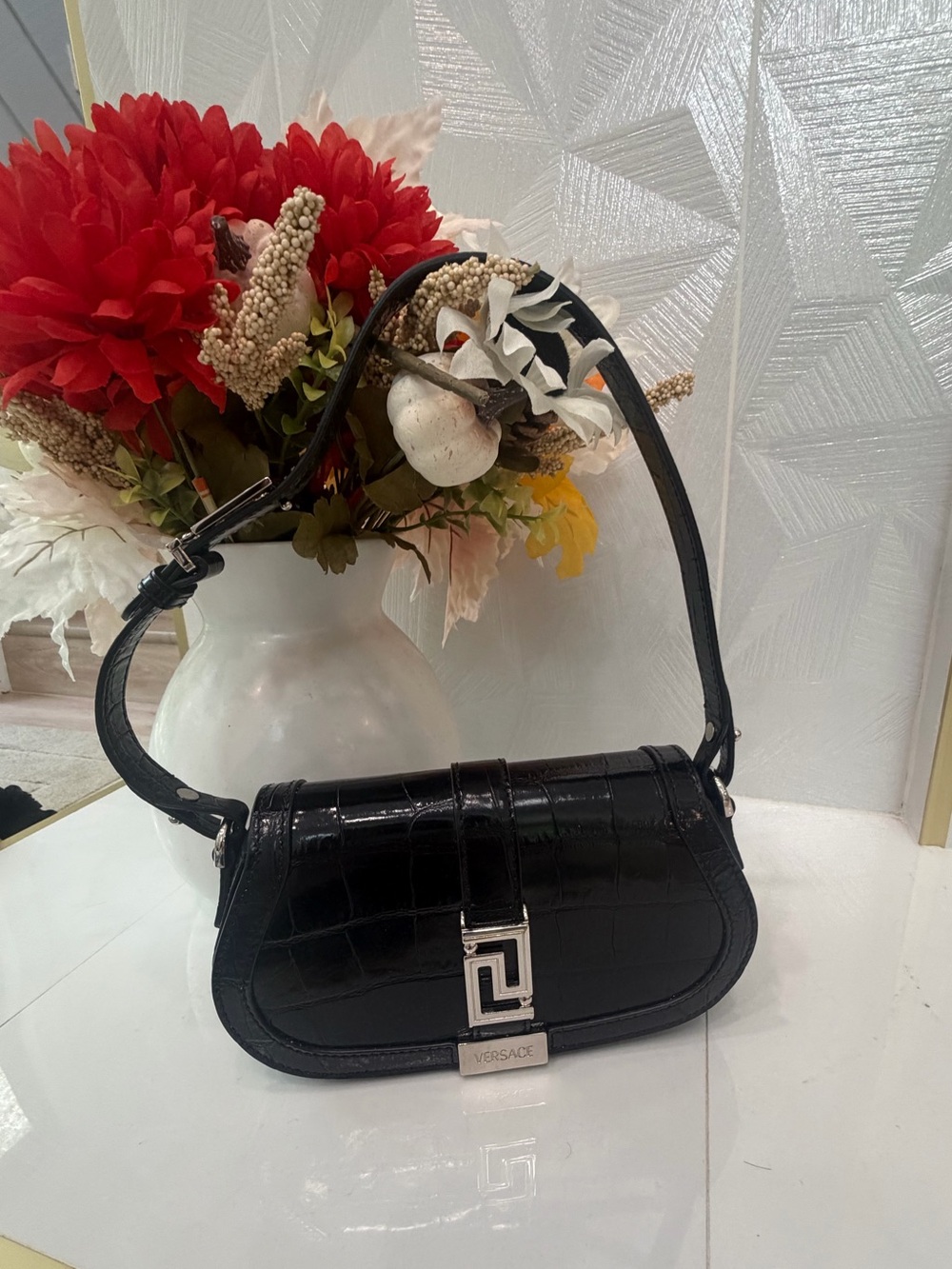Authentic Versace Greca Goddess Black Croc-Embossed Handbag W. Dust Bag